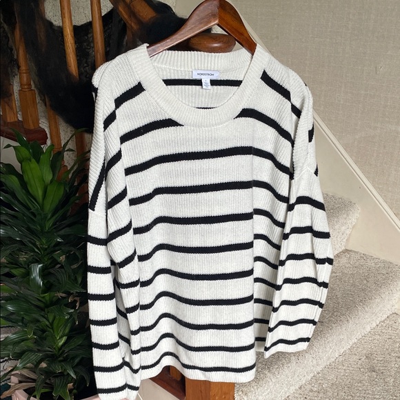 Nordstrom Black and White Striped Crew Neck Wool Blend Sweater - Picture 1 of 13